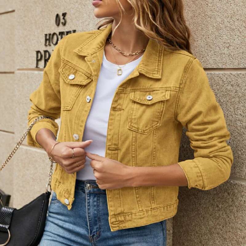 Women Autumn Denim Short Jackets Single Breasted Long Sleeve Turn-Down Collar Jeans Coats
