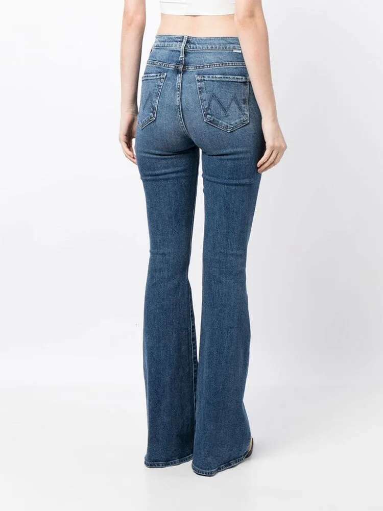 Women Blue Flared Jeans High Waisted Slim Versatile Elastic Long Denim Pants