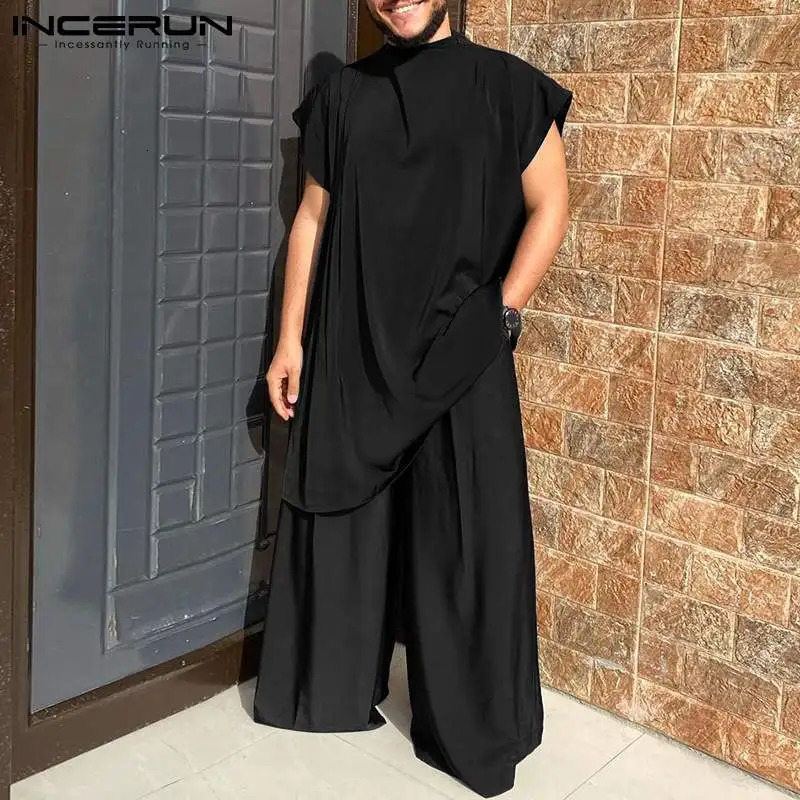 Mens Sets Muslim Style Pleated Dropped Sleeves Half Turtleneck Mid-Length Robe Loose Pants Suit 2 Pieces S-5XL INCERUN 250303