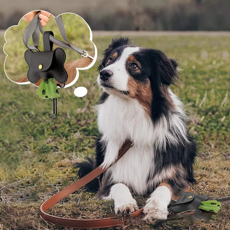 Dog Poop Pickup Bag Dispenser with Leash Clip Pet Waste Bag Dispenser for Dog Pooper Pet Outdoor PoopBag Leathers Holder