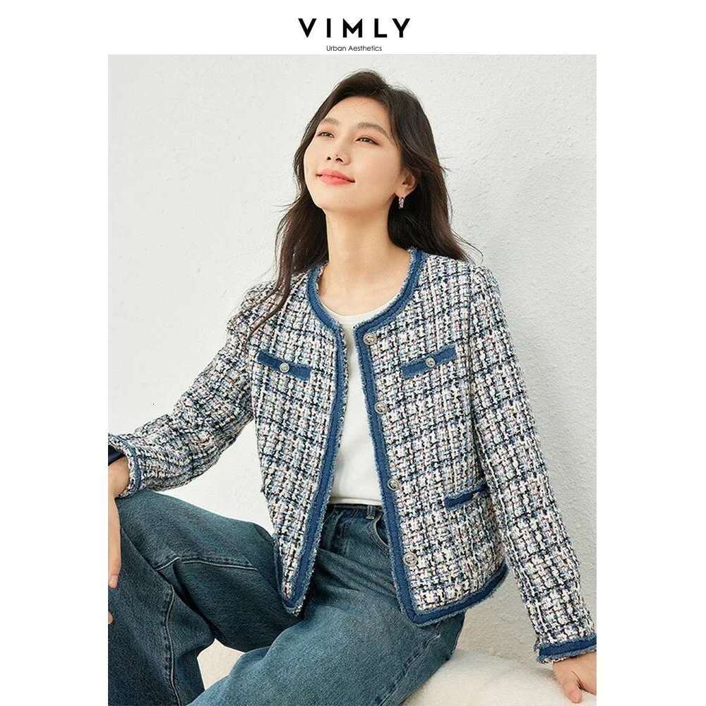 Vimly Plaid Tweed Cropped Jacket For Women 2024 Spring Patch Denim Design Elegant Fashion Lady Short Coat Female Outerwear M3288