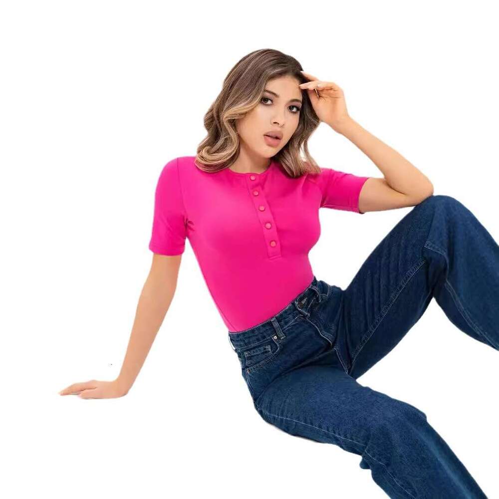Women's European and American tight button short sleeved top women's base coat fashionable casual t-shirt 2025 temperament versatile new tre