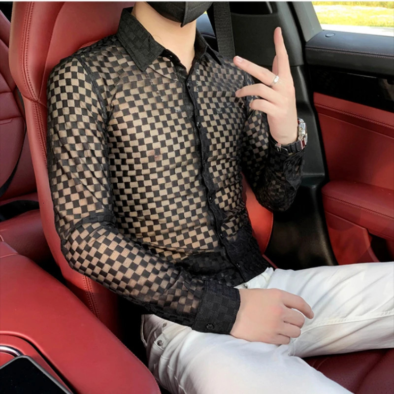 Spring Autumn Fashion Plaid a Peaked Collar Mens Clothing Shirts Long Sleeve Button Hollow Out Slim Korean Chaopai Blouse 250304