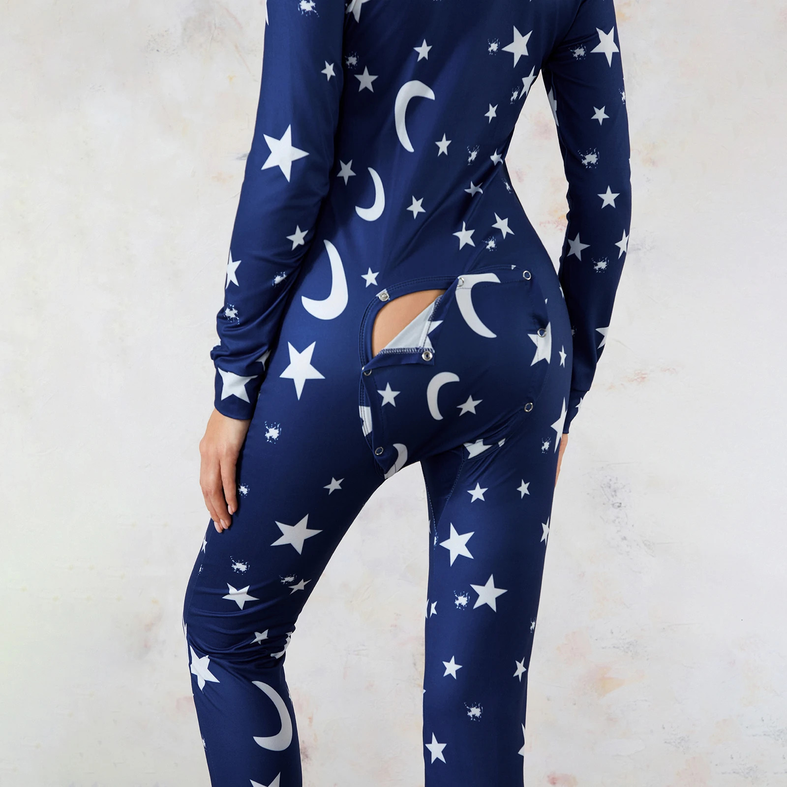 Back Buttoned Flap Pajamas Jumpsuit for Women Christmas Sleepwear Fall Winter Printed Long Sleeve Rompers Loungwear Outfit 250303