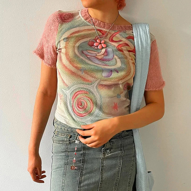 Y2k Cute Graphic Knitted Splice T-shirts Harajuku Kwaii Cartoon Skinny Crop Tops Women 90s Aesthetic Streetwear Summer 250303