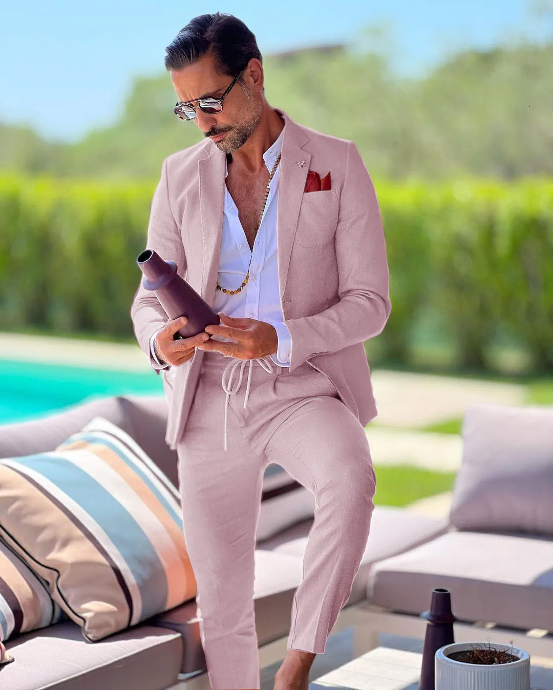 Linen single breasted mens suit two-piece summer jacket pants slim fit casual business wedding groom tailcoat formal work wear 250303