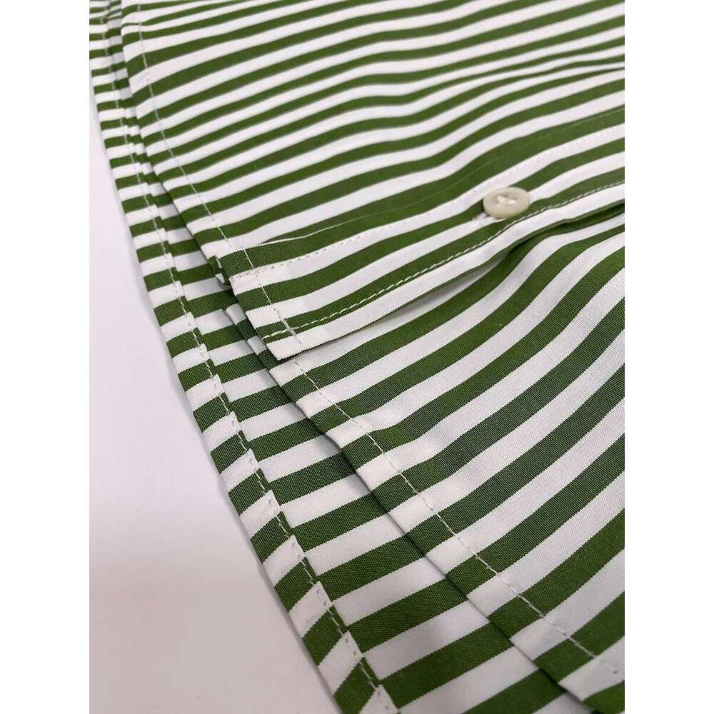 Women's Green Stripes Shirt Embroidery Butterfly Letter Turn-Down Collar Cotton Top 2025 Autumn Female Single Breasted Blouse