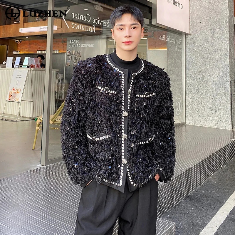 LUZHEN Faux Fur Patchwork n Jacket Trendy Sequins Spliced Thickened Coat Fashion Round Neck Niche Ed83 250304