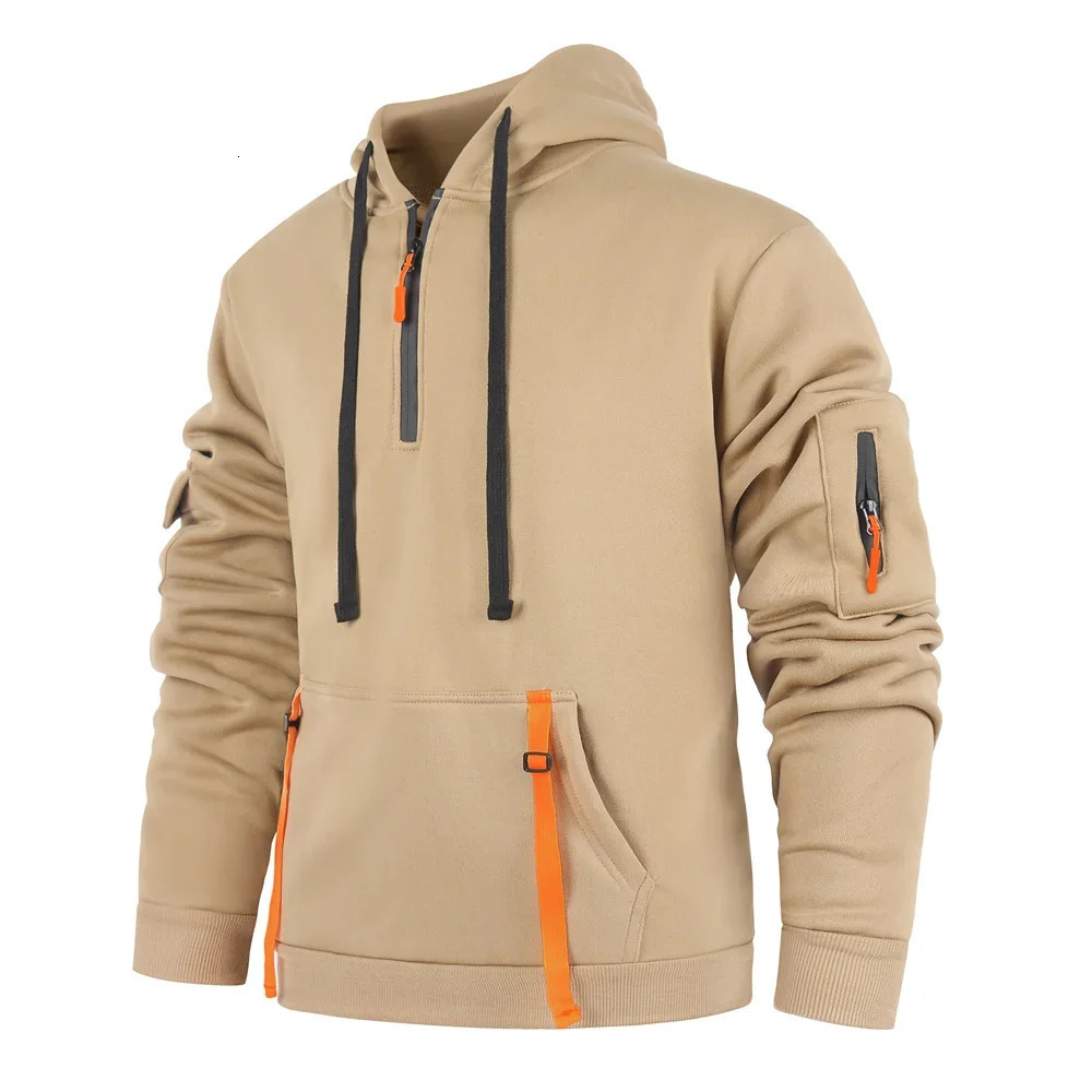 Mens Hooded Sweatshirts Half Zipper Streetwear Autumn Winter Solid Color Pullovers Long Sleeve Fashion Multipockets Tops 250304