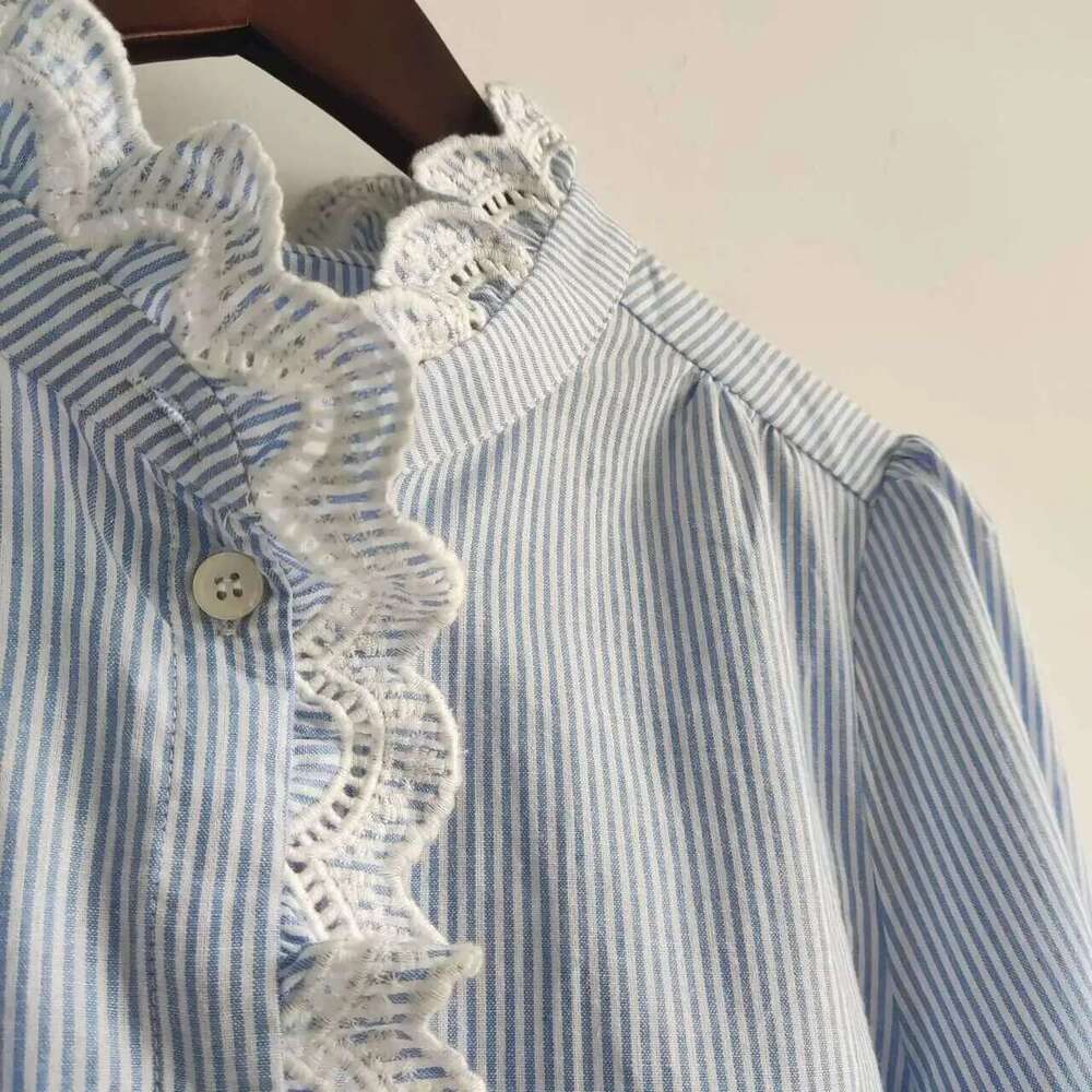 2025 Spring Summer Literary Elegant Embroidered Lace Women Cotton Stand Collar Light Blue Striped Shirt