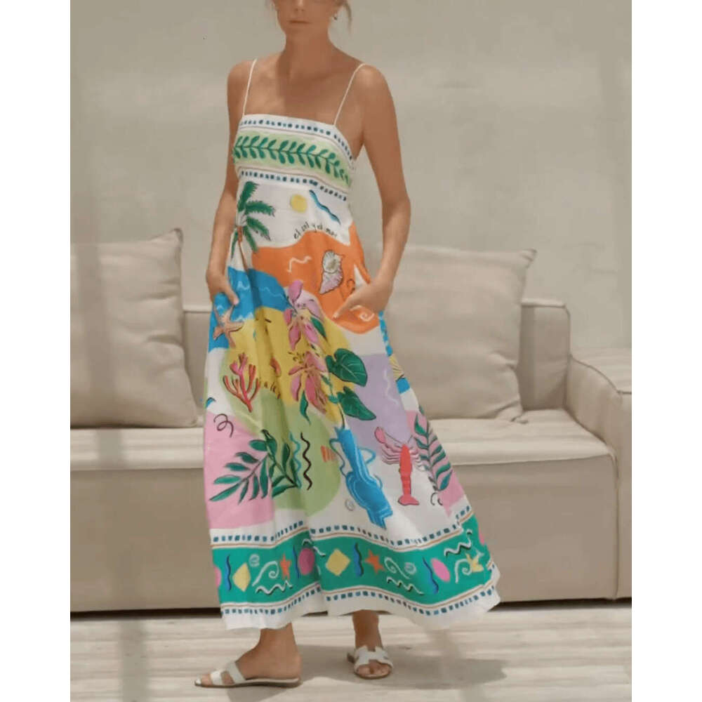 European and American Summer Women's Sexy Positioning Printed Strap Sleeveless Swing Dress 2025 New Casual Fashion Trendy Clothing