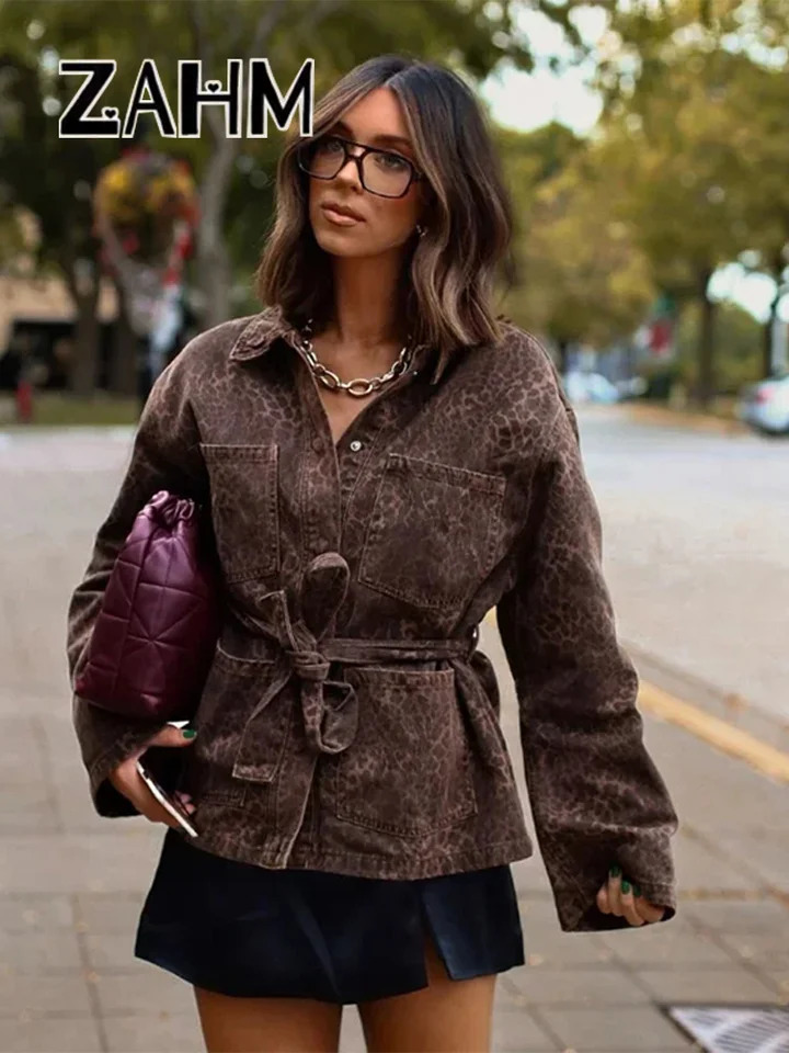 Leopard Print Jackets Women Casual Lapel Big Pockets Belt Coats Female 2025 Spring High Street Lady Outwears 250303