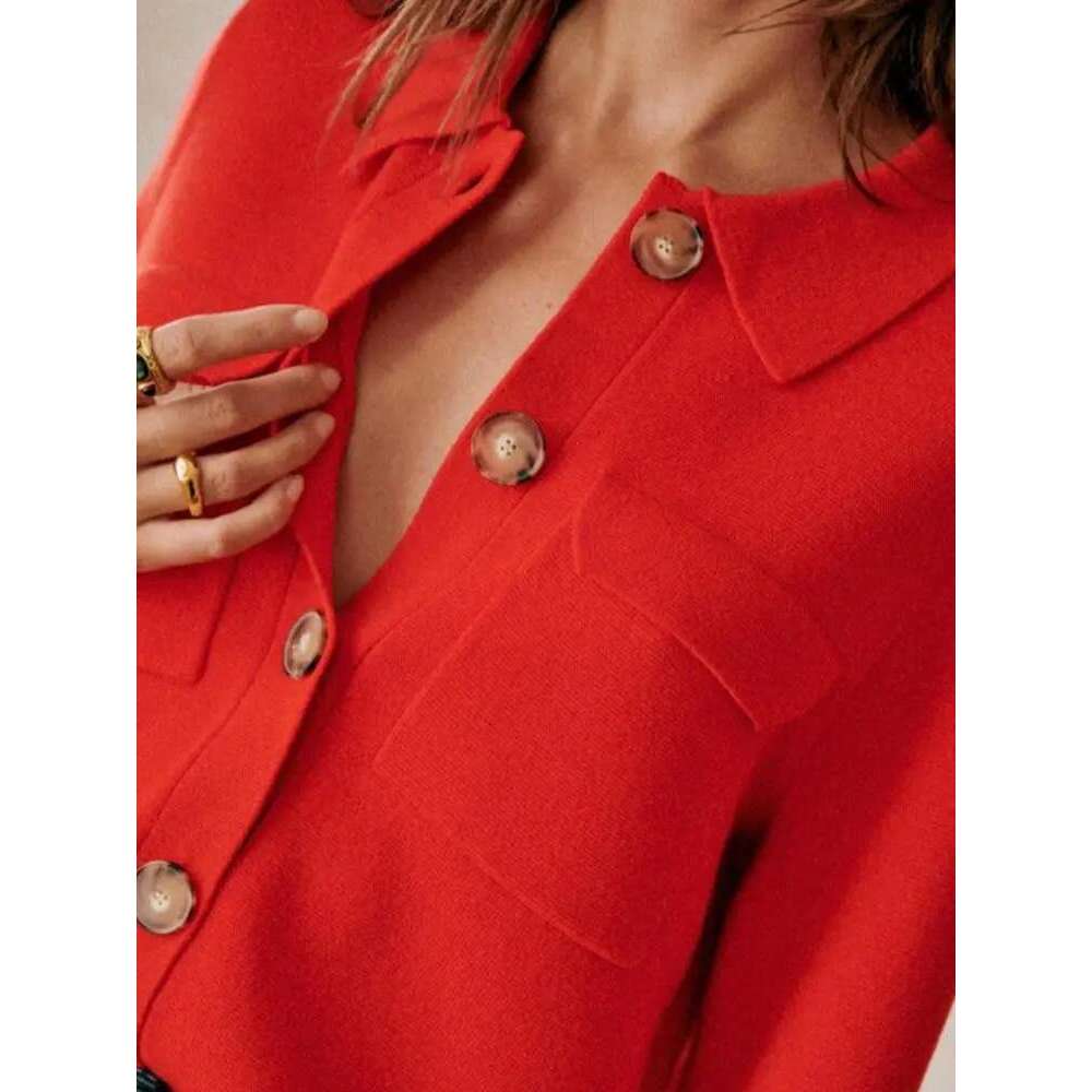 Autumn Women's Turn-Down Collar Sweater Long Sleeve Safari Style Ladies Simple Knit Cardigan With Double Pockets Knitwear