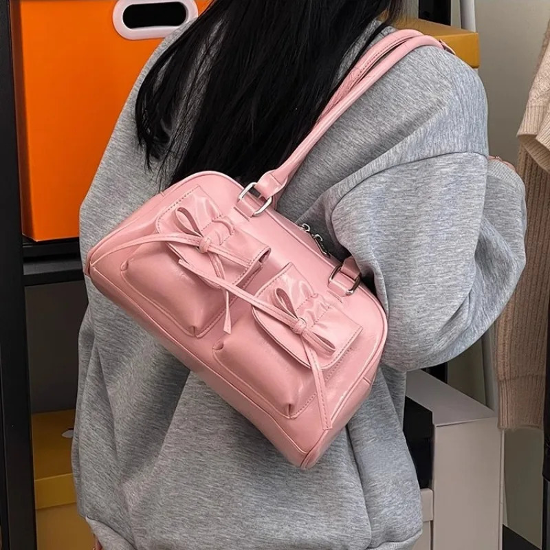 Xiuya Silver Pleated Womens Shoulder Bag Elegant Gentle Korean Fashion Leather Handbag Bow Sweet Simple Ladies Boston 250303