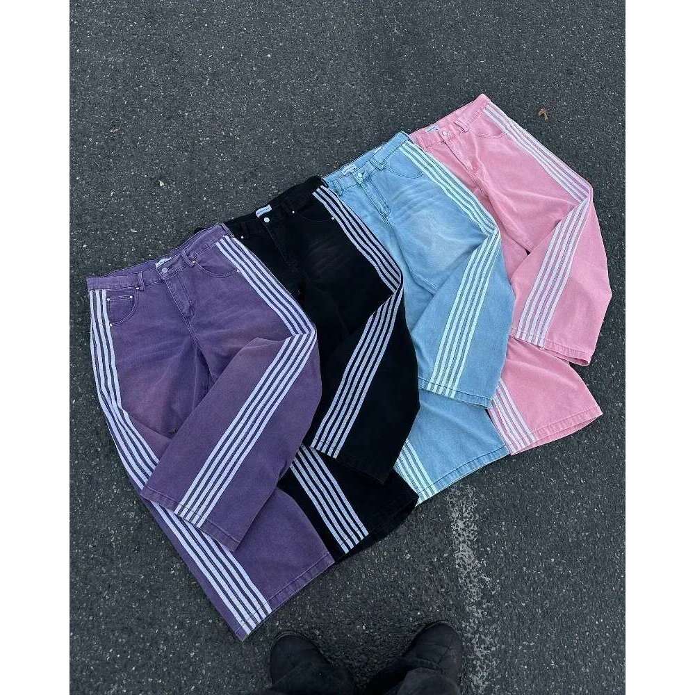 High Vintage Striped Embroidered High-Waisted Jeans Men Women Casual Pants Haruku Hip Hop Street Baggy Wide-Leg Jeans