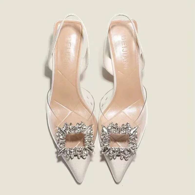 Shoes Women Single Designer Brand Woman Pointed Toe Heel Square Buckle Rhies Transparent Splicing High Heeled Sandals