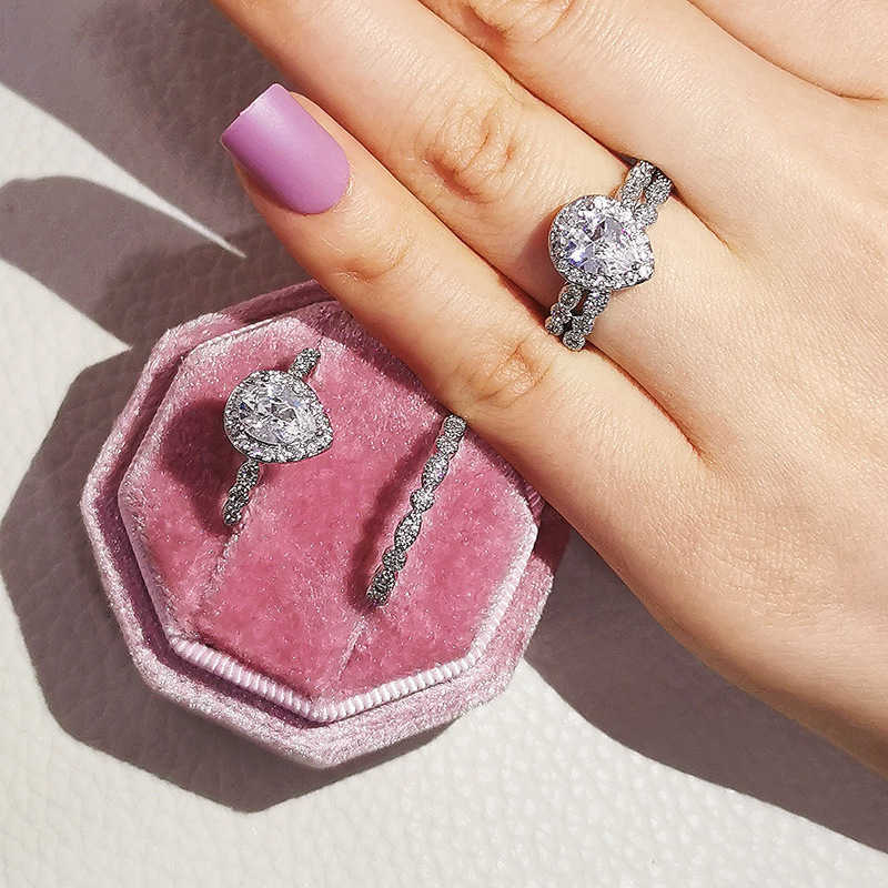 Couple Rings New pear shaped water drop inlaid zircon ring womens engagement set ring r5014 H25303