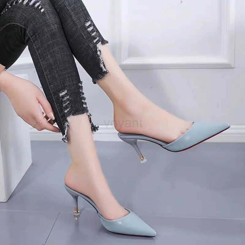 2023summer and autumn new n-slip stiletto fi slippers all-mah pointed toe half outdoor wens middle heel Z250304