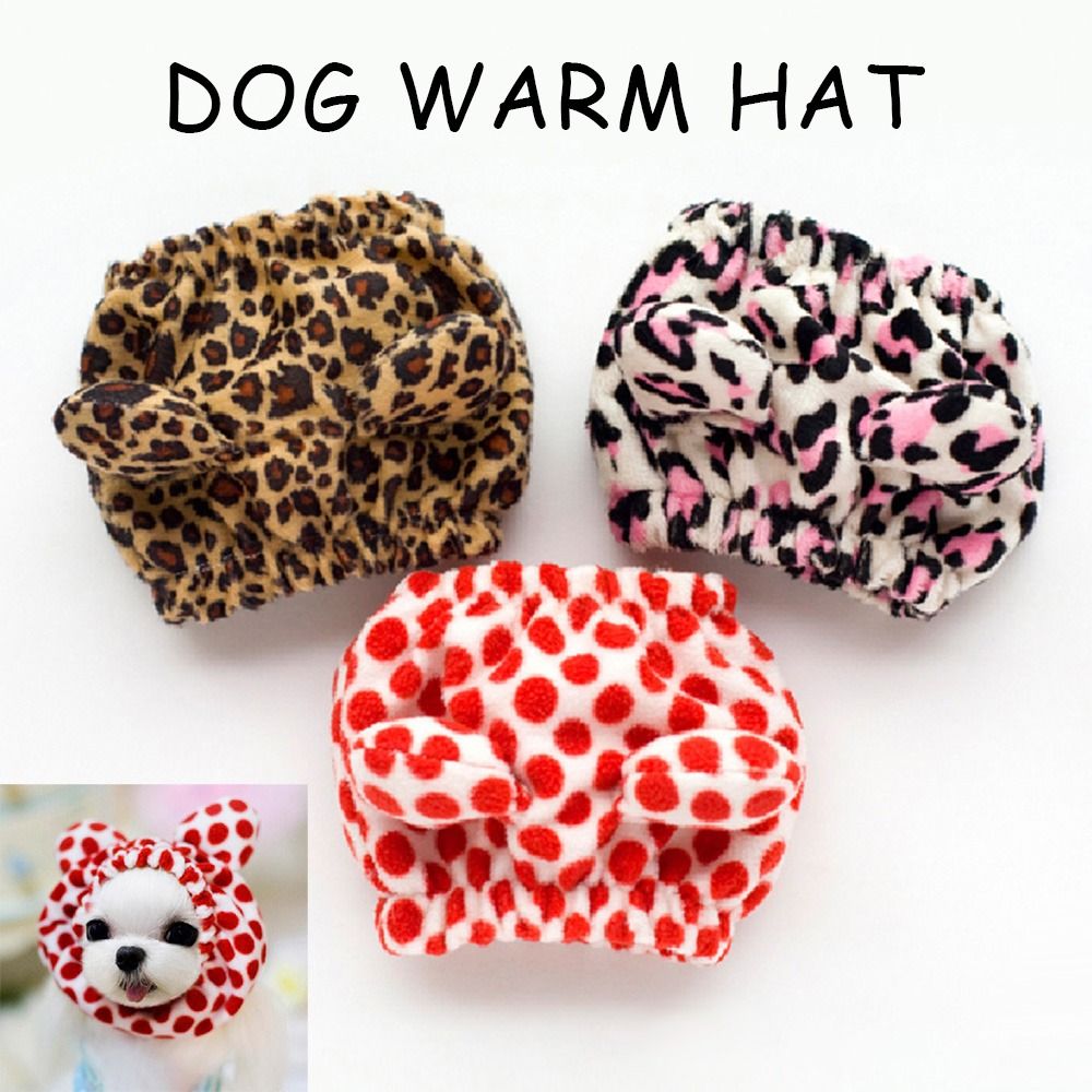 2PCS Warm Pet Cap Casual Leopard Print Drawstring Adjustable Dog Hat with Fur Ball Winter Fashion Headgear Party