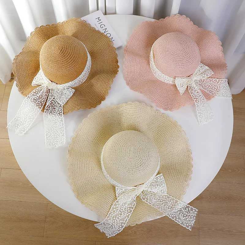 Korean version lace bow big brim str hat suitable for womens summer sun protection breathable beach C sweet sun hatXJ250304