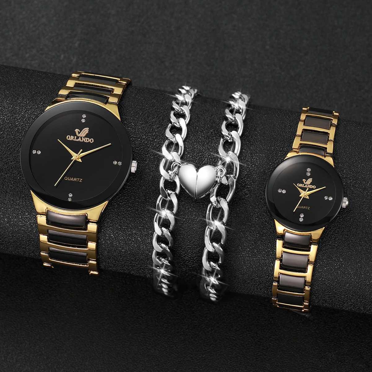 4-piece/set fashionable couple rhinestone dial quartz mens stainless steel strap bracelet setXJ250304
