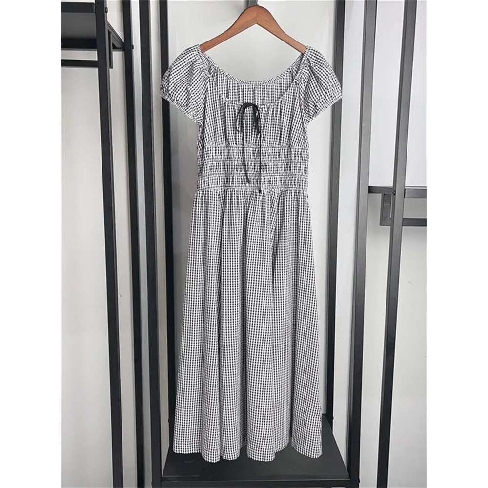 Women's Elastic Waist Short Sleeve Or O-Neck Dress Vintage Plaid Sleeveless Ladies Square Neck Fashion Midi Robe 2025 Summer