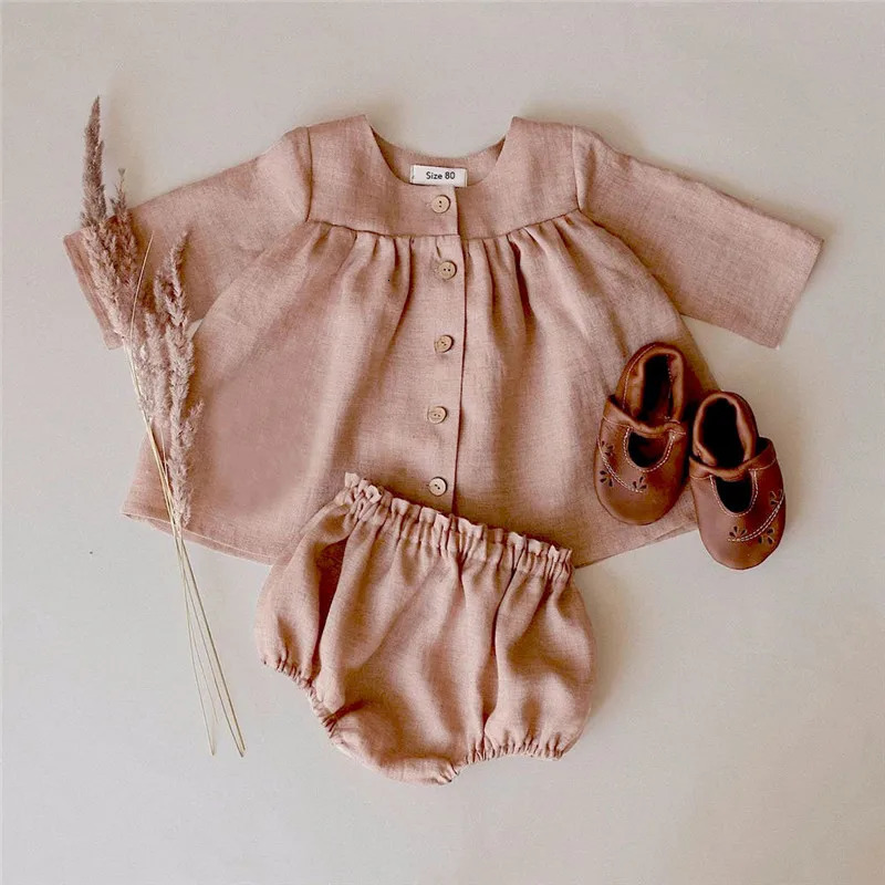 Nowborn Baby Clothes Sets Spring Baby Girl Blouse Shorts Linen Cotton Girls Clothing Long Sleeve Tops 2pcs Toddler Girls Suit 250304