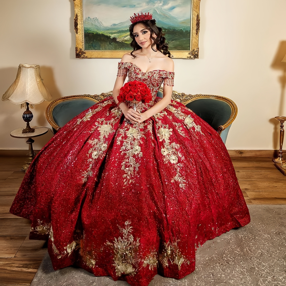 Glitter Dark Red Sequined Quinceanera Dresses Beading Tassel Off Shoulder Sweet 16 Dress Gold Lace Applique Corset Prom Ball Gown
