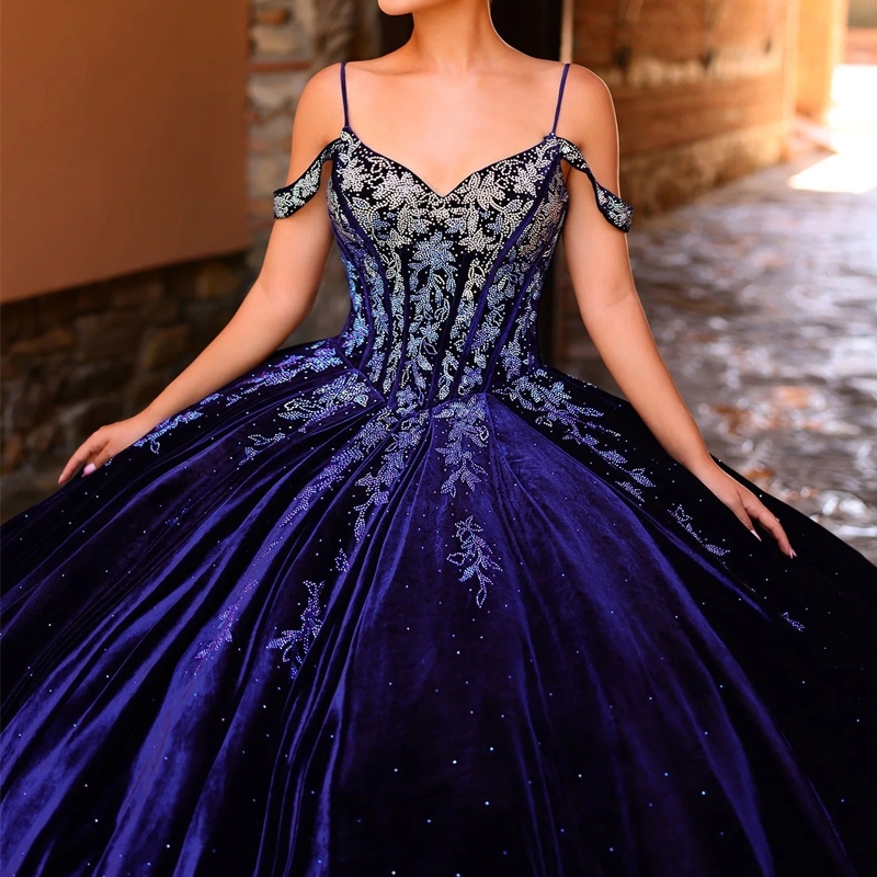 Navy Blue Shiny Quinceanera Dresses Ball Gown Off The Shoulder Applique Beading Party Birthday Sweet 16 Vestidos 15 De Anos