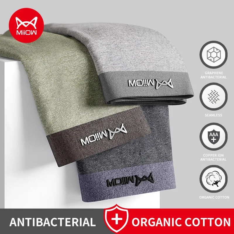 MiiOW 3Pcs Organic Cotton Men Underwear Boxer Shorts Antibacterial Seamless Underpants Male Panties Gift For Men Boxershorts 250303
