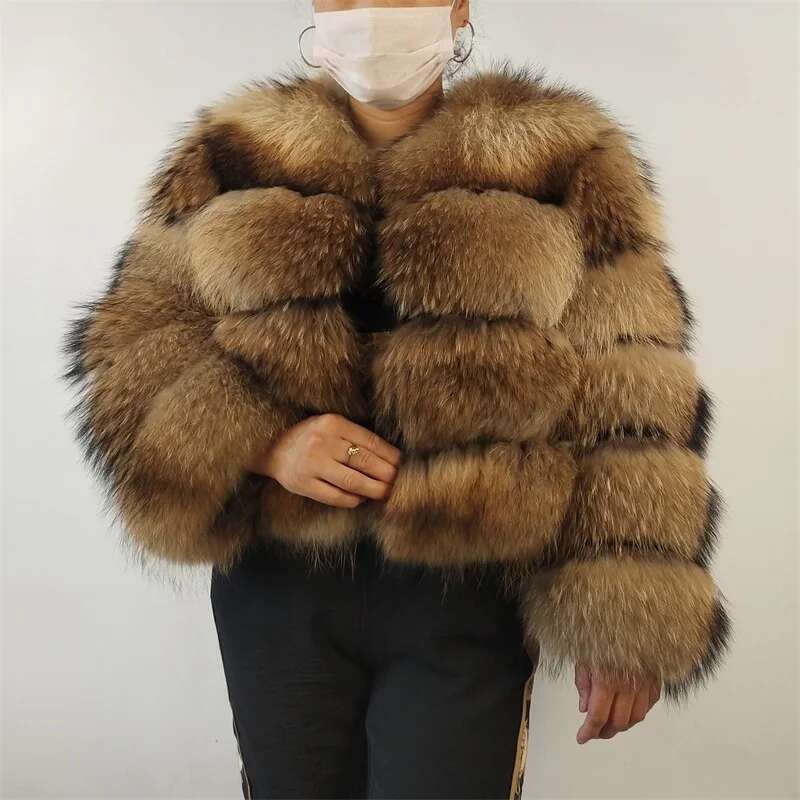 BEIZIRU Real Raccoon Fur Coat Women Winter Long Sleeve Natural Jackets Thick Top