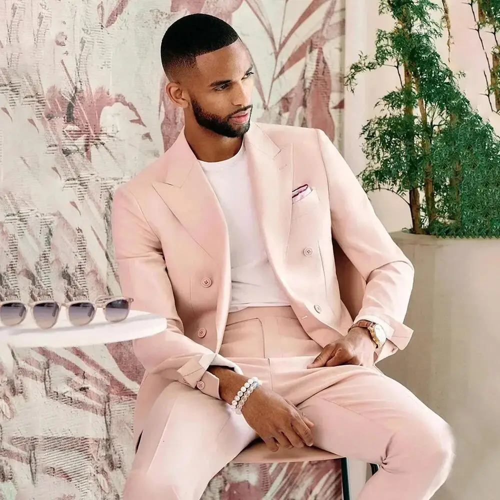 Pink Slim Men Suit 2 Pieces JacketPants Fashion Gentleman High Quality Lapel Double Breasted Blazer Set 250224