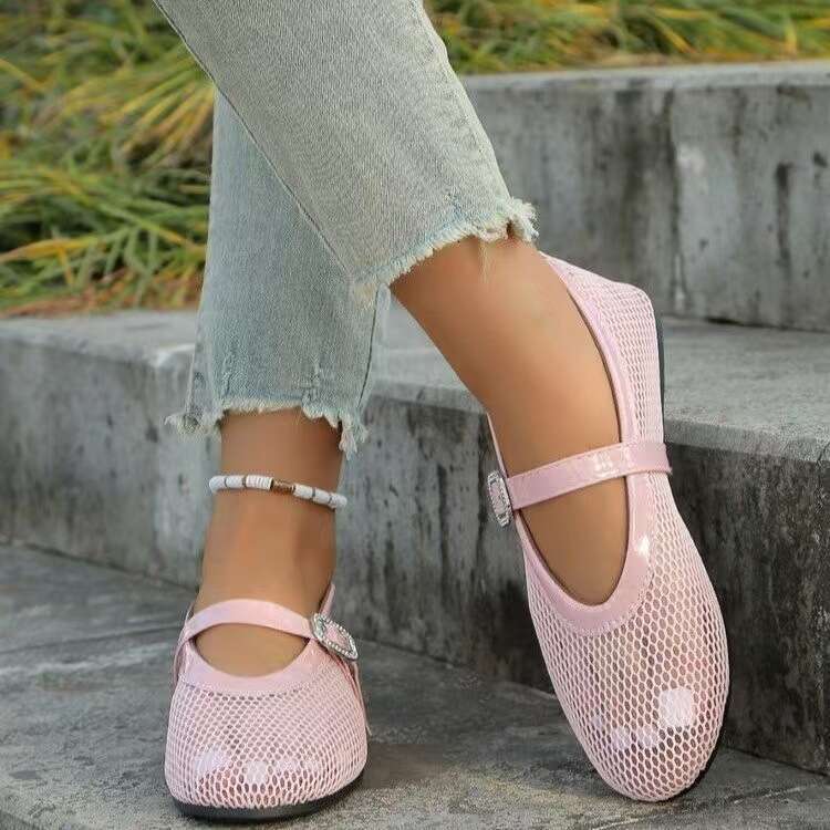 Large size rhinestone buckle hollow ballet flat bottom fashion spring and autumn summer round toe single shoe