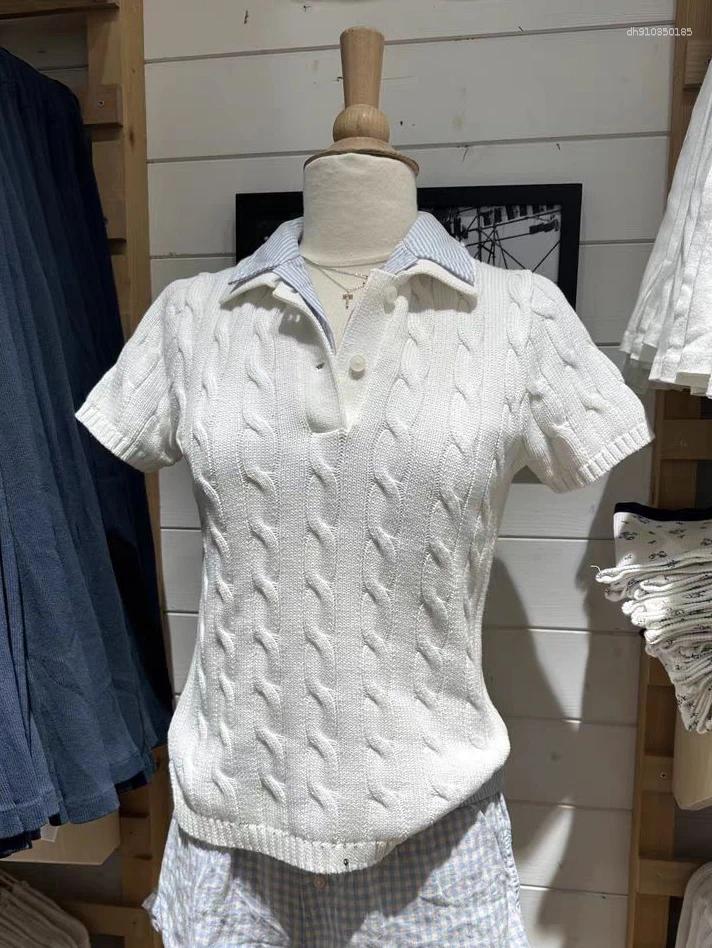 Women's Polos Twist Knitted Spring Clothes 2025 Turn Down Collar Short Sleeve Tees Girls Vintage Casual T-shirt Sweet Y2k
