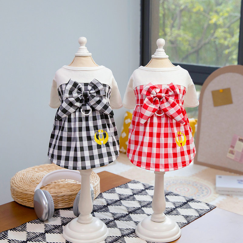 Plaid Dog Dress with D leash Ring Dog Cat Summer Clothes Designer Dog Clothes