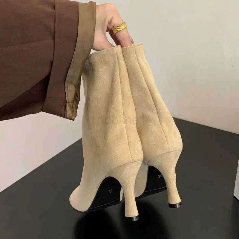 Eilyken Street Style Pleated Round Toe Wen Ankle Boots Thin H Shoes Winter Concise Short Botas Mujer Z250304