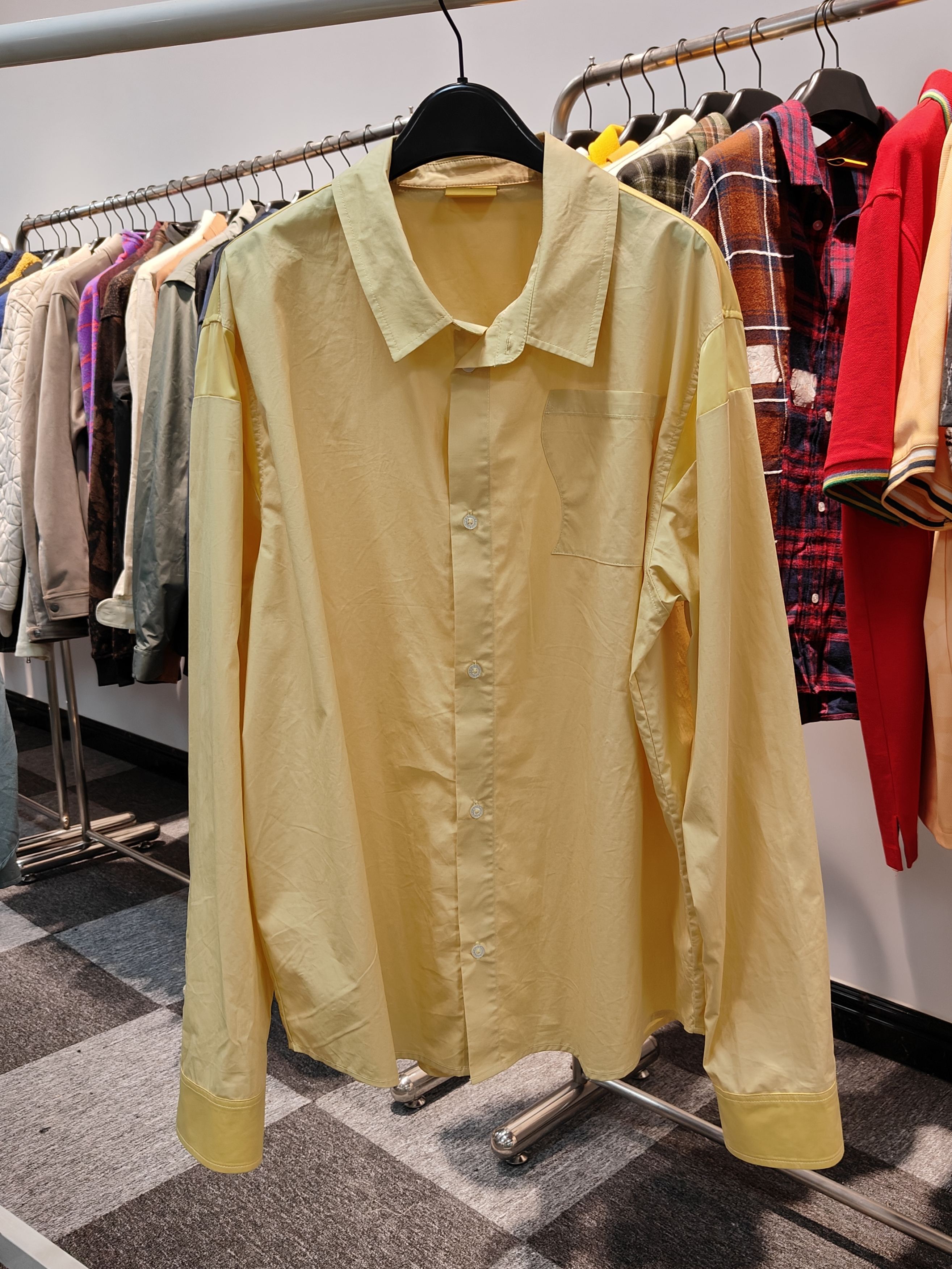 Men's Yellow Panelled Shirt Wave pocket on the chest Silk fabric patchwork on shoulders back and cuffs for Casual wear