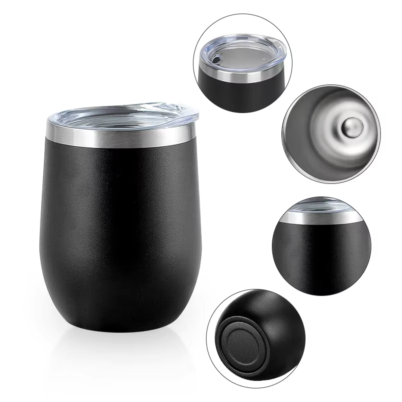 Customize logo 12oz Powder Coated wine glass Tumbler Stainless Steel Double Wall Insulated Vacuum egg Cups with lid red wine glasses 16 colors