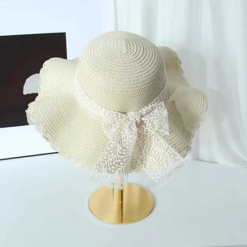 Womens Str Hat Spring and Summer Lace Bow Large Brim Breathable Foldable Sunshade Cs Beach C Sweet Fisherman Hat S131XJ250304