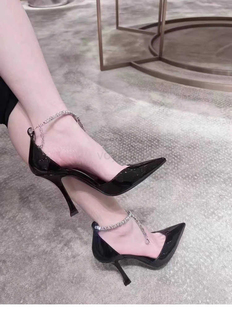 2025 new black patent leather high h for wen slim h pointed toes shallow mouth hollow rhine toe sandals Z250304