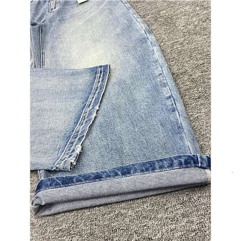 High Quality Women Loose Straight Leg Denim Pants Light Blue Curved Cropped Jeans
