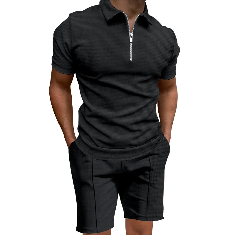Cross border summer mens polo shirt set solid color waffle short sleeve slim lapel t-shirt casual mens set 250304