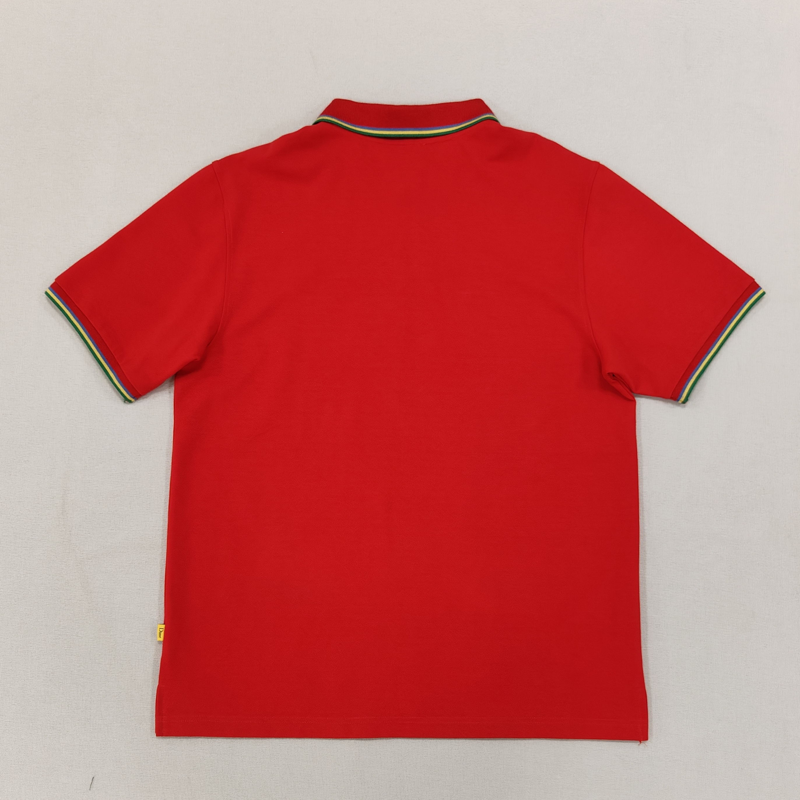 Men's Fitted Stretch Red Embroidery Polo Shirt Ribbed Cuffs and collar with rainbow striped pattern for Casual Wear