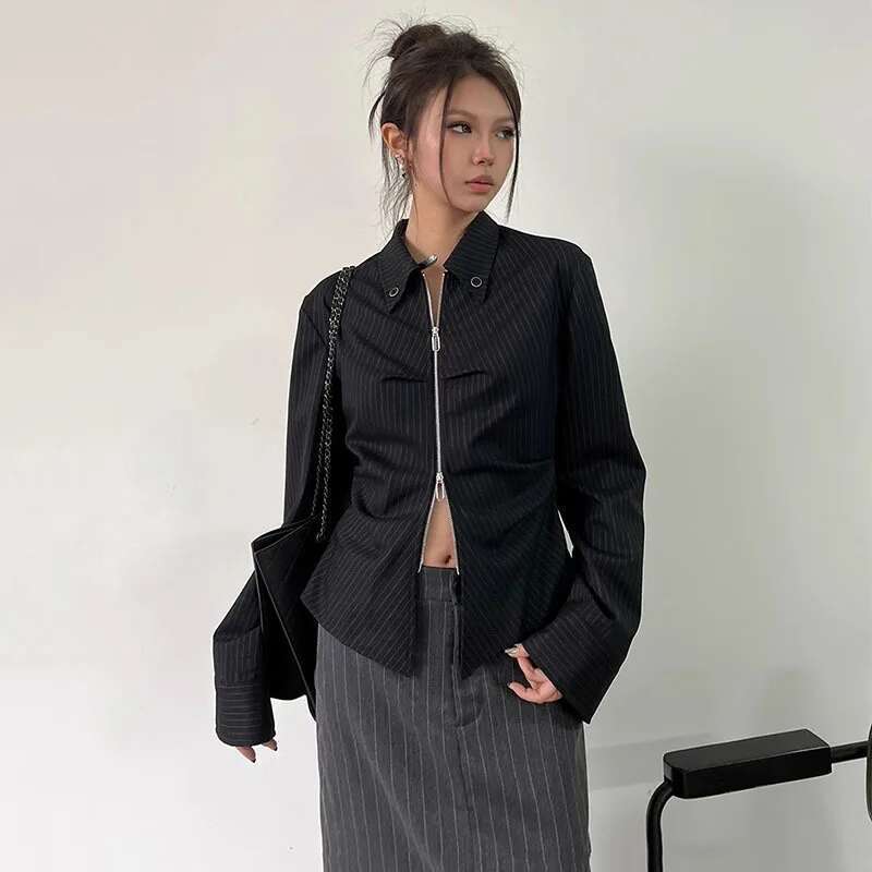 Fashion Black Striped Folds Shirt Women's Lapel Slim Double Zipper Long Sleeve Gray Short Irregular Blouse New Tide