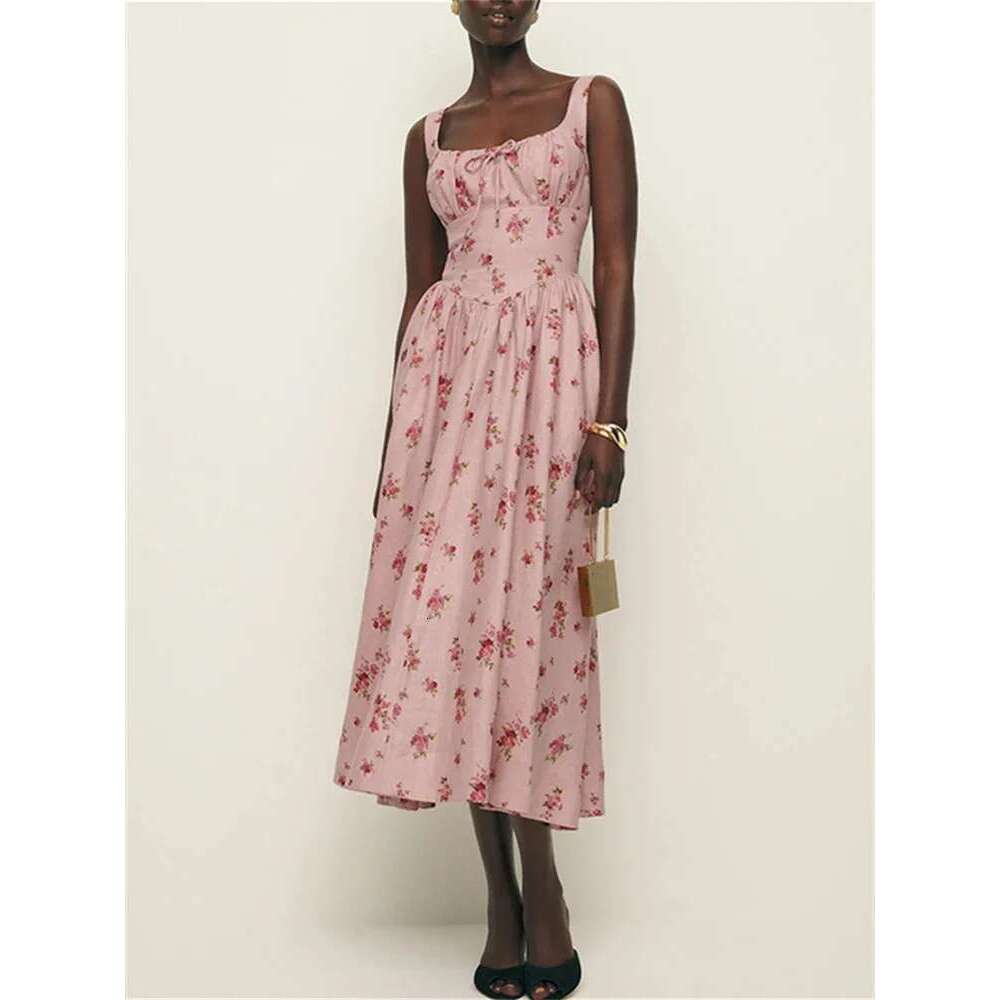 Women Pink Ral Print En Mid Length Dress Summer New Sleeveless Slim Ladies Elegant Vacation Square Collar Lace Up Robe