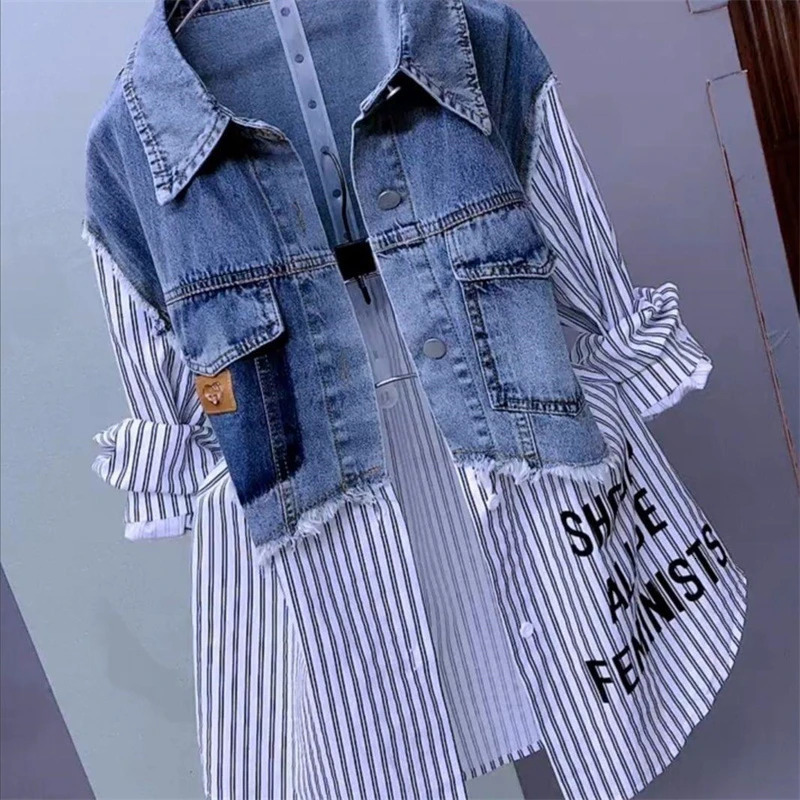 Splicing Denim Jacket Women Spring Autumn Korean Fashion Denim Shirt Ladies Tops Casual Jean Coat Female Windbreaker 250227