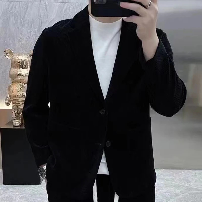 Mens springsummer long sleeved casual Korean slim fit twopiece solid creased jacket with lining set 250227