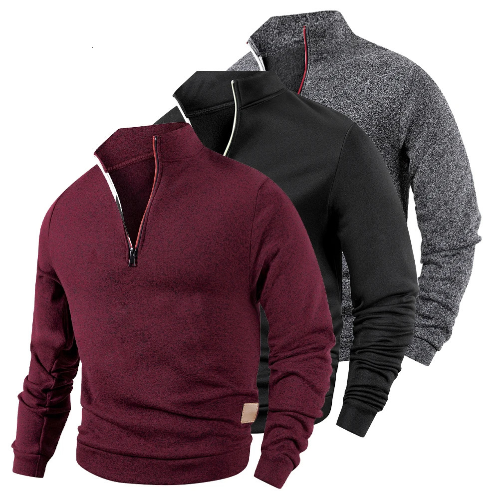 Mens Half Zipper Sweatshirt Fleece Turtleneck Pullover with Leather Label Fashion Sweaters Men Outdoor Stand Collar Long Sleeve 250304
