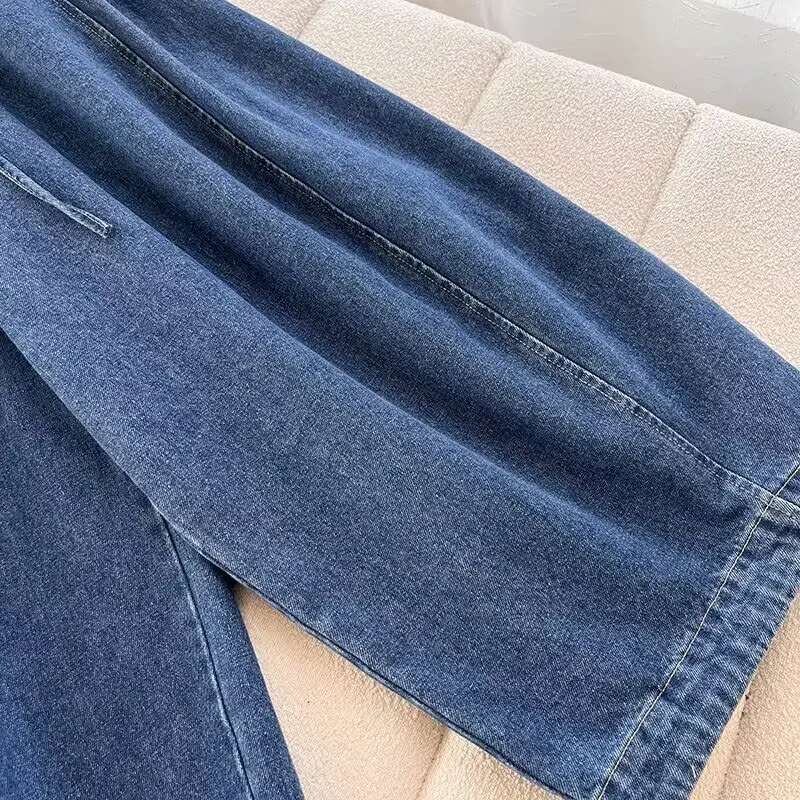 Women's New Fashion Version Loose Side Pocket Casual Pleated Jeans Retro Elastic Waist Drawstring Denim Pants Yaki