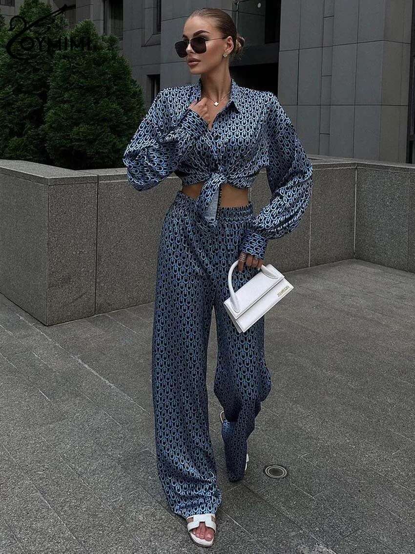 Casual Black Print 2 Piece Women Outfit Elegant Lapel Long Sleeve Button Shirts And Straight Full Length Pants Sets
